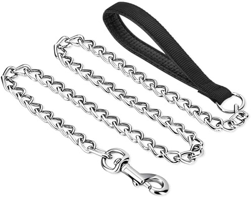 HAPPY HACHI Guinzaglio Catena per Cani Taglia Grande in Metallo, Cane Acciaio Resistente con Impugnatura Imbottito, Anti Morso per Addestramento Passeggio Nero (Nero, M 120x0.3 cm)
