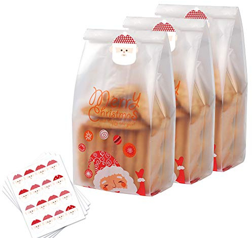 Feelava Sacchetti per biscotti, per regali Natale 50 pezzi traslucidi Autoadesivo di plastica di Babbo Natale per torta Caramelle Snack al cioccolato Panetteria Pane Cupcake Ciambelle