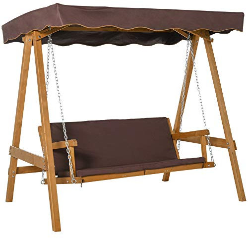 Outsunny 3 Seater Garden Swing Seat Outdoor Swing Chair with Adjustable Canopy, Wooden Hammock Bench with Padded Cushions for Patio Yard, Brown