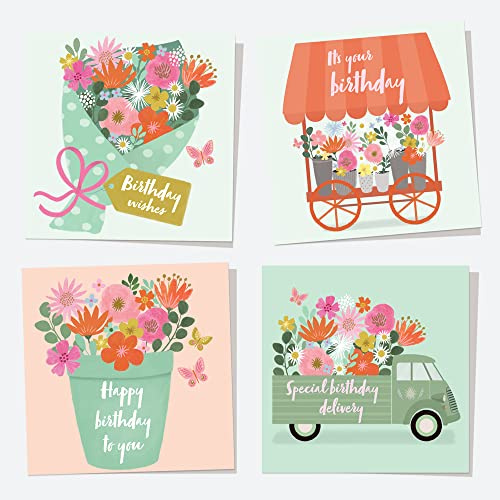 Födelsedagskort för henne – vackra blommor – födelsedagsönskningar – 4-pack (50 0007)