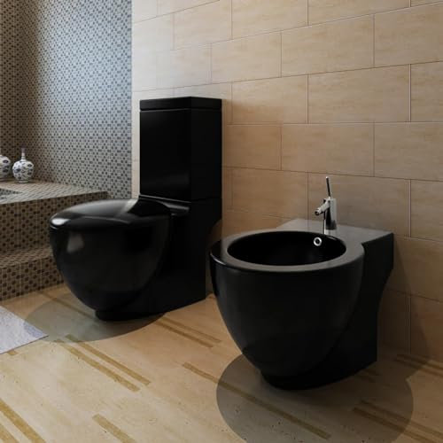 Homgoday Toilette et bidet sur pied noir en céramique avec double chasse d'eau
