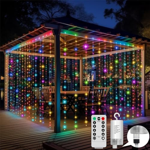 GCMacau Curtain Lights Battery Powered, Indoor &Outdoor Curtain Lights with Remote Control, 3m x 3m 300 LEDs, 8 Patterns Fairytale String Lights for Patio Decorations, Bedrooms, Parties.（Multicolor）