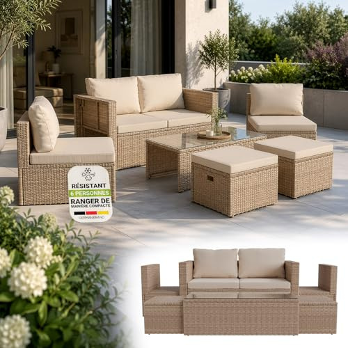 Juskys set di mobili da giardino Salou in polyrattan - Salotto resistente alle intemperie per 6 persone - Con tavolo e cuscini - Per ambienti esterni come giardino, balcone, terrazza - Crema/sabbia