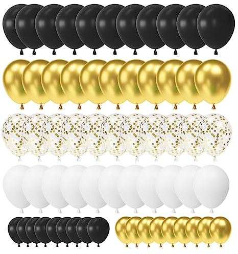 70 Stück Luftballons Schwarz Gold, Luftballons Schwarze Gold Weiß, Gold Metallic Ballons, Latex Ballons Schwarzer Weiß Golden Konfetti für Geburtstag Hochzeit Babyparty Luftballons Girlande Deko