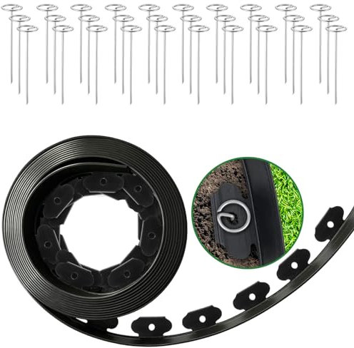 SUMGROW 10 cm hög landskapskant, 36,6 m trädgårdsgräns med 120 metallspikar, flexibel plast för gräsmattor – svart, design utan grävning