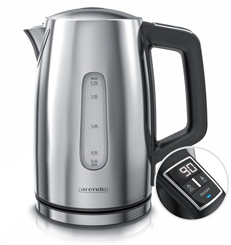 Arendo - Edelstahl Wasserkocher mit Temperatureinstellung - Temperaturauswahl 35°C bis 100°C – LED Display – Warmhaltefunktion Babymilch 40 Grad – One-Touch Deckelöffnung – Sichtfenster