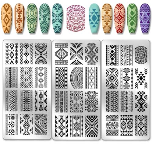 PH PandaHall 3 placas de estampación de uñas con textura geométrica, 36 plantillas Nail Stamp placa de acero inoxidable plantilla para uñas Bohemia étnico para Nail Art Impresión DIY Salón Nail Design
