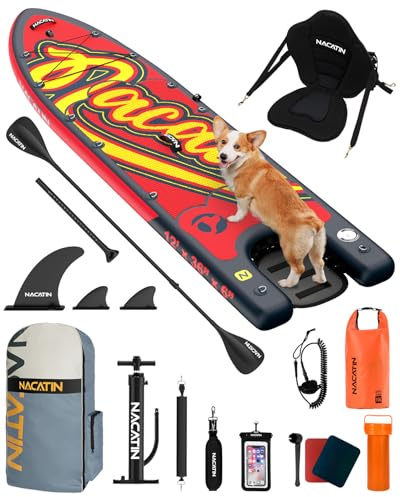 NACATIN 12'/366cm Inflatable Paddle Board with Dog Ramp, Extra Large 36/91cm Wide SUP Board for Dogs & Family, with Non-Slip Deck, Single/Double Paddle, Kayak Seat, Pump, Backpack, Carry Strap