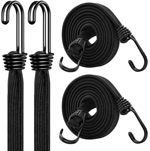 Bungee Cords with Hooks Heavy Duty, 72inch Black Flat Extra Strong Outdoor Bungee Straps, Secure Load Distribution Industrial Grade Bungee Rope for Securing Luggage, Tarps, Tents, Cart, Bike Rack,4pcs