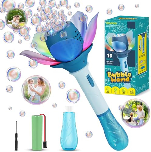 Bombble Jouet à bulles électrique, motif fleur de lotus, pour enfants, plus de 10 000 bulles de savon/min, avec solution à bulles de savon de 120 ml, AKK/LED pour extérieur, fête, mariage, bleu
