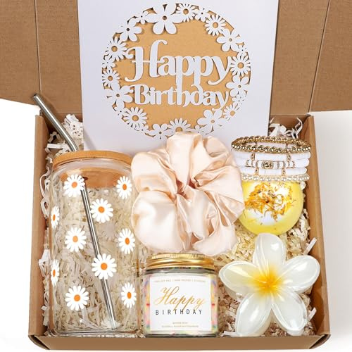 Frerdui Birthday Gift Box for Women & Teen Girls – Cute Daisy Glass Cup Gift Set (7PCS), Happy Birthday Gifts for Her, Sister, Daughter, Best Friend