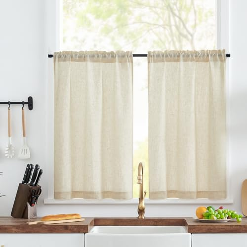 TOPICK Fönstergardiner moderna vardagsrum beige bistrogardin uppsättning av 2 fönstergardiner kök linneutseende köksgardiner kort H 90 x 90 cm gardin för köksfönster, gardiner, kök, lantlig stil