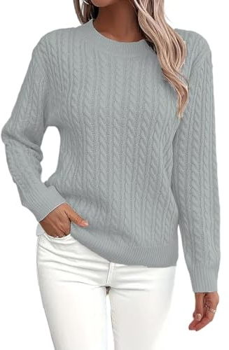 UOFOCO Womens Long Sleeve Crewneck Cable Knit Sweater Lightweight Casual Soft Comfort Fall Winter Pullover Tops Outifits Clean Girl Clothes Greys S