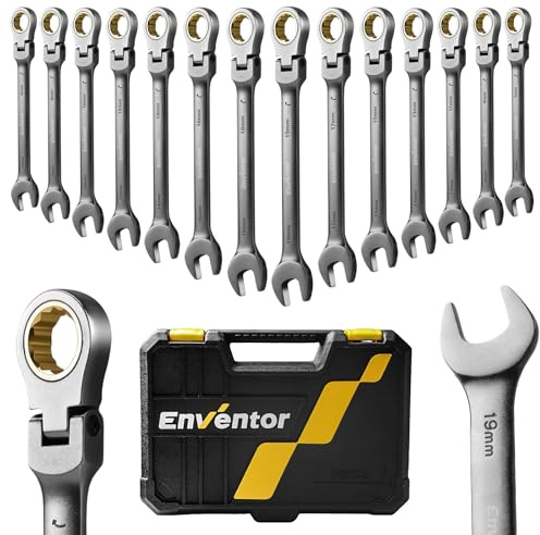 Enventor Jeu de 14Pcs Cle a cliquet à tête flexible, 90 Dents, Angle de rotation de 4° - Métrique,Clés mixtes à cliquet de 6 à 19 mm, Acier au chrome-vanadium plaqué nickel noir
