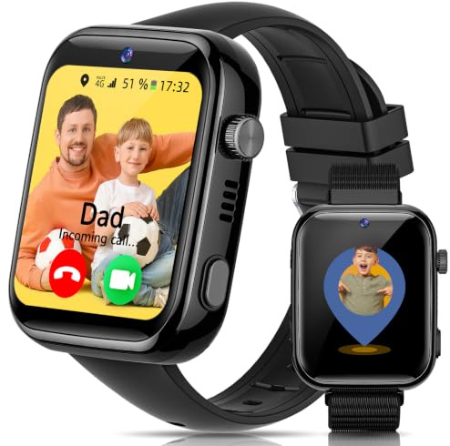 AIMIUVEI 4G Reloj Inteligente Niño con Llamadas, Videollamadas, Chat de Voz, WiFi, GPS, SOS, SMS, Impermeable IP68, Modo Escuela y Podómetro, Smartwatch Niños con Pantalla HD de 1.83'' Negro