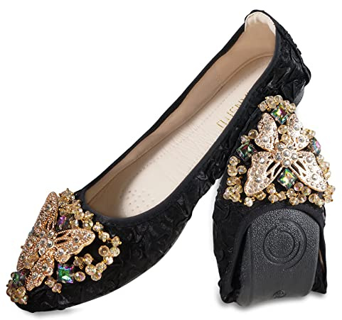 MACHSWON Damen-Ballerina-Schuhe mit Strasssteinen, faltbar, glitzernd, bequem, zum Reinschlüpfen, flache Wanderschuhe für Damen, Schwarzer Schmetterling, 40 EU