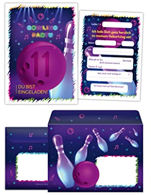 12 Einladungskarten incl. 12 Umschläge zum 11. Kindergeburtstag elfte Geburtstag Mädchen Jungen Bowling Bowling-Party