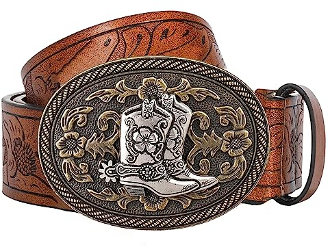 KorhLeoh Western Cowboy Leder Gürtel für Männer Frauen Blume Gravur geprägte Gürtel