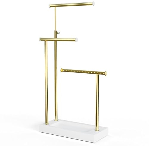 SRIWATANA Schmuckständer Holz Schmuckhalter Kettenhalter 3 Stäbe Drehbar (51cm) Schmuckbaum Schmuckaufbewahrung für Uhren Ketten Uhren Armbändern und Ohrringen Ringen（Weiß und Gold）