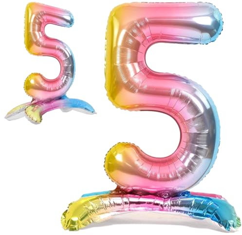 Palloncino 5° Compleanno Numero 5 Gigante Multicolore Pastello in Piedi, Palloncino XXL di 82 cm. Decorazione Compleanno. Ad Aria.