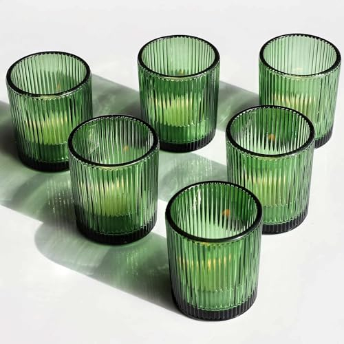 Vohocandle 12pcs Green Tea Light Holders Glass, Ribbed Tea Light Candle Holders for Wedding Party Table Centerpieces, Glass Tealight Holders for Birthday Gift(5 cm x 6 cm, Green)