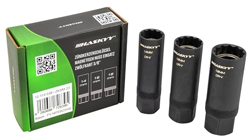 HASKYY Set Chiavi per Candele Magnetiche 14-16-18mm - Bussole Dodecagonali con Attacco 3/8 Pollici - Kit 3 Pezzi per Candele d'Accensione e Preriscaldamento - Utensile Universale Auto e Moto