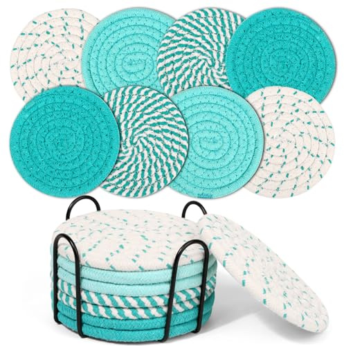 Mckanti 8 Pcs Coasters for Drink with Holder, 4 Colors Absorbent Coasters for Drinks, Minimalist Cotton Woven Coaster Set for Home Decor Tabletop Protection Suitable for Kinds of Cups, 4.3 Inches.