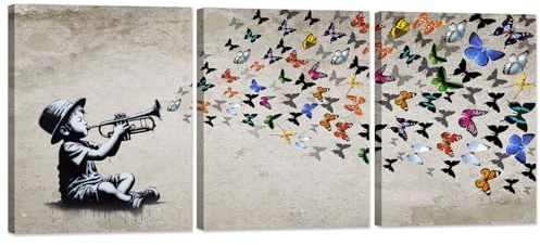Graffiti Wall Art Set of 3 Banksy Wall Decor Colorful Butterflies Pictures Graffiti Artwork Boy Blows Trumpet Posters Canvas Prints for Living Room Decor Framed Ready to Hang 36x16inch(30x40cm)