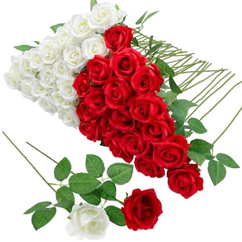 Hoemwarm 36 st röda och vita rosbukett, konstgjorda blommor, bordsuppsats, falska silkesrosstjälkar, realistiska konstgjorda blommor, bulk för brud, bröllop, alla hjärtans dag, bukett,