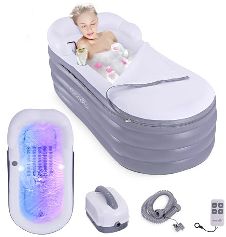 SereneLife Baignoire de Spa avec Tapis de Massage à Bulles, Baignoire Gonflable avec Coussin, Porte-Gobelet, Télécommande pour Éclairage LED, Dossier et Accoudoirs, Convient jusqu'à 86 kg