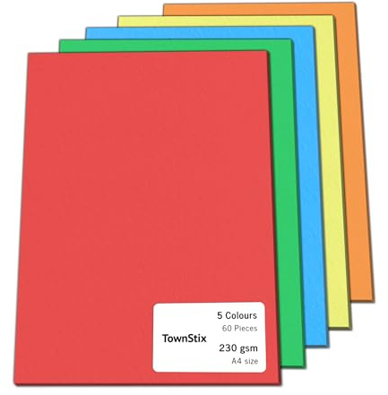 60 Stück, 230gsm - A4 Tonkarton Bastelkarton Bunt, Fotokarton Pappe zum Basteln Karton - 5 Farben