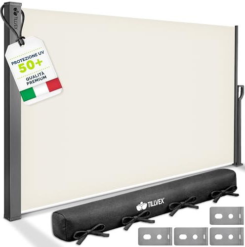 tillvex® Tenda laterale estensibile e oscurante 200 x 400 cm con copertura per balcone, giardino e terrazzo | Tenda a rullo con supporto a parete | Protezione dal sole, in acciaio inox, antivento