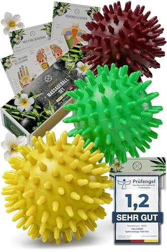 HELDSON® Spiky Massage Ball Set 3Pcs [Hard, Medium, Soft] - Foot Roller Massager - Spikey Small Trigger Point Balls for Feet, Hand, Back & Pilates - Plantar Fasciitis - Muscle Deep Tissue Therapy