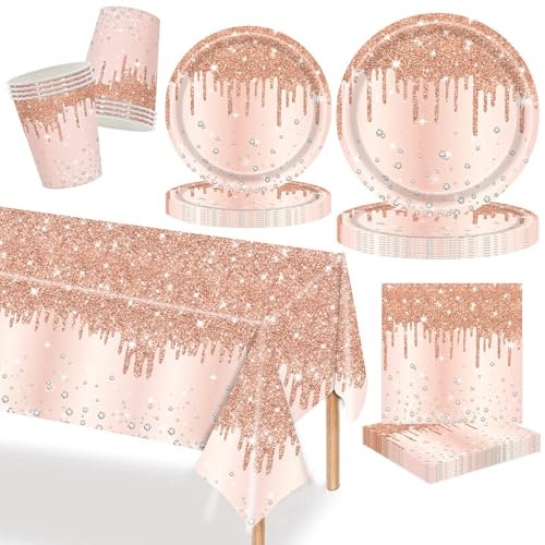 MORAINJAY Set di stoviglie in oro rosa, 69 pezzi, piatti di carta, tovaglia, bicchieri, tovaglioli, per feste di compleanno, matrimoni, anniversari, feste di festa, decorazione da tavolo di compleanno