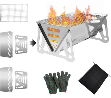 Foyucool Barbacoa Portátil de Carbón Plegable, 2 en 1 Parrilla Hoguera de Acero Inoxidable, Fácil de Montar y Transportar, Limpieza Fácil, con Bolsa y Guantes, para Barbacoa al Aire Libre, Camping