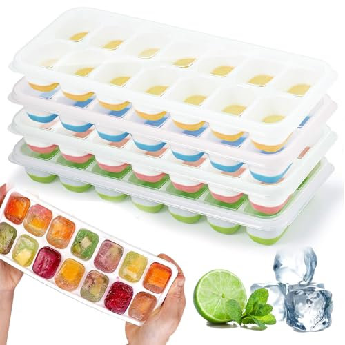 4 Pezzi Vassoi Per Cubetti Di Ghiaccio In Silicone Con Coperchio,Stampo Per Ghiaccio,Certificato LFGB - Senza BPA,vassoi Per Ghiaccio Quadrati Facili Da Rimuovere (1 Verde+1 Blu+1 Rosa+1 Giallo)