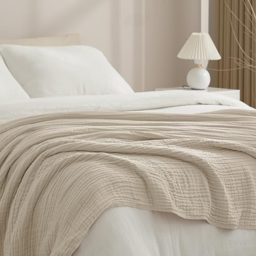 PHF Cooling Muslin Blanket Queen Size 90x80, 6-Layer Lightweight Gauze Blanket Made from 35% Rayon Derived from Bamboo & 65% Cotton, Breathable & Ultra Soft Cozy for Hot Sleepers, French Oak
