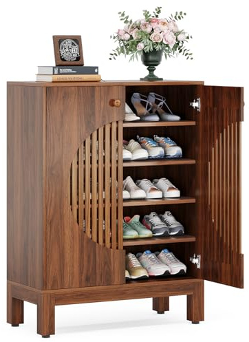 Tribesigns Schuhschrank, Schuhregal mit 5 Ebenen, Schuhkipper Schmal mit Lamellentüren, 20 Paar, mit verstellbaren Regalen, Holzregal Organizer für Eingangsbereich, Flur, Wohnzimmer (braun)