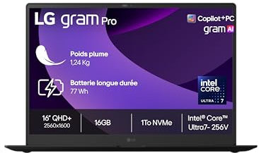 LG Gram 16Z90TS-G.AU79F - PC Portable 16 1239g, écran DCI-P3 99%, 2560x1600 Format, Intel® Evo™ Ultra7 256V, RAM 16Go, SSD 1To NVMe, Intel® Arc™ Graphics, Windows 11 Home, Gris Métal