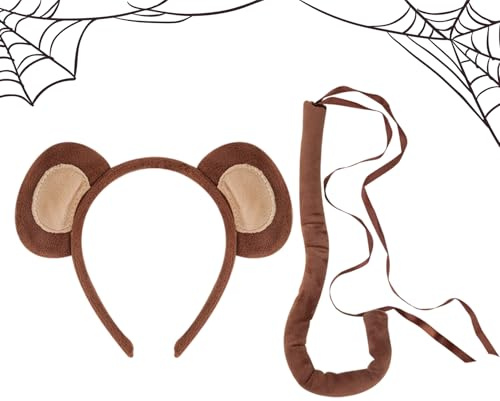 Accesorios para disfraces de mono - Banco de piel sintética realista y cola tupida, juego de cosplay de animales de Halloween | Orejas de mono ligeras y cola, kits de disfraz cómodos para carnaval