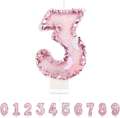 Heyumybit Bougies d'anniversaire Numéro 3,3D Rose Bougie Chiffre 3,Scintillantes Papillon Decoration Gateau Anniversaire pour les Fournitures de Célébrations d'Anniversaire