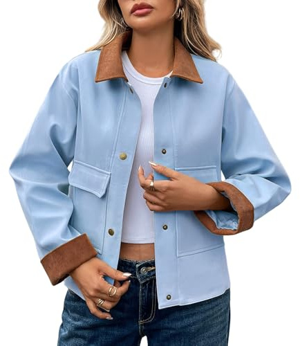 Chaquetas Mujer Cuello Alto Chaqueta Corta Casual Chaqueta Manga Larga Pana Solapa Botón Shacket Abrigo con Bolsillos Sudadera, azul, M