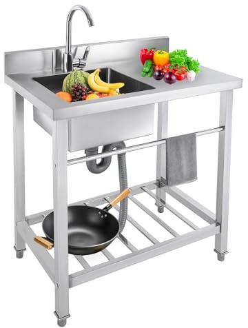 Fregadero de cocina independiente, 80 x 55 x 84 cm, con grifo, dispositivo de drenaje, de acero inoxidable, patas regulables, longitud: fregadero, para restaurante, comercial, exterior, interior