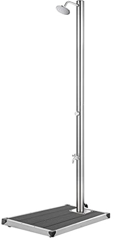 Trädgårdsdusch med rostfritt stål, grå WPC-bottenplatta, 220 cm höjd, utomhusdusch med huvuddusch och fottvätt för trädgårdspool, bubbelpool, pool