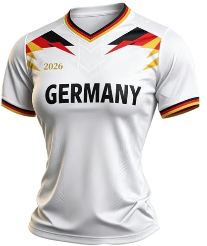 Maillot de Foot Allemagne 2026 Tee Shirt Femme Sport Motif Germany ou Deutschland T-Shirts à Manches Courtes Femme Col V Oversize Haut de Fan Respirant pour Supporter de Football Match, Quotidien