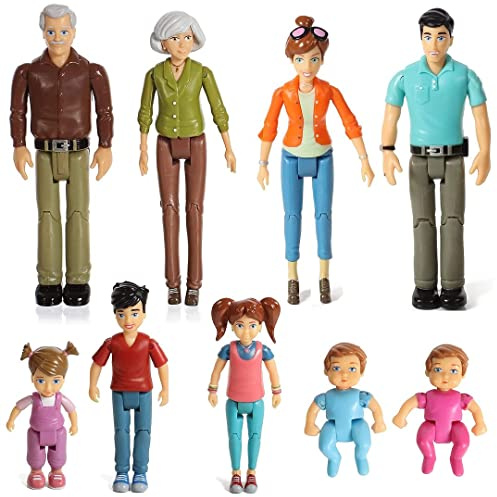 Beverly Hills Sweet Li’l Family Bendable Mini Dollhouse Figures | Set of 9 Grandpa, Grandma, Mom, Dad, Sister, Brother, Toddler, Twin Boy & Girl Pretend Play (1:12 Scale)