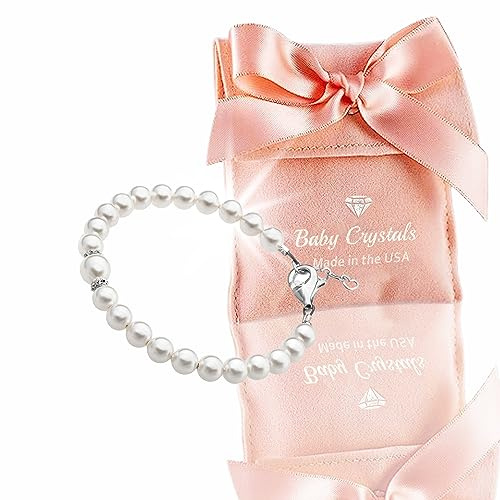 Baby Crystals Sterling Silver Bracelets for Girls with High End White European Simulated Pearls, Elegant Girls Jewelry, Pearl Bracelet for Baby Birthday Gifts Flower Girls, Baptism Keepsake
