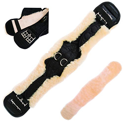 Merauno lamb wool saddle girth moon girth anatomical dressage strap contour strap with removable lamb wool cover, riding belt with natural lamb wool,replaceable lambswool cover