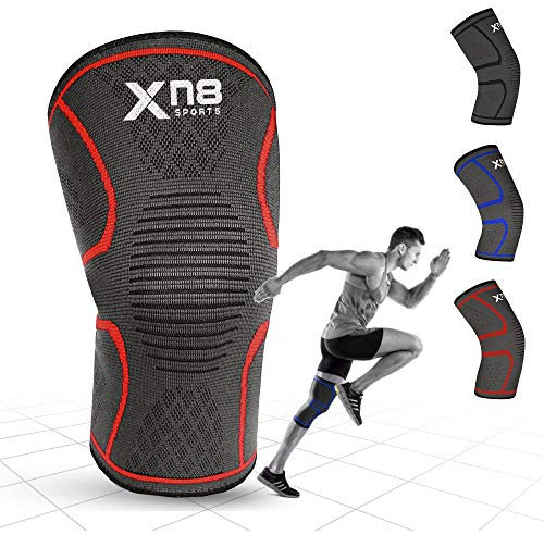 Xn8 Knee Support Brace, Compression Sleeve for Pain Relief, Arthritis, Meniscus Tear, ACL/MCL & Tendonitis, Silicone + Synthetic Rubber Sports Knee Sleeve for Running, Sports, Squats & Recovery-1PC