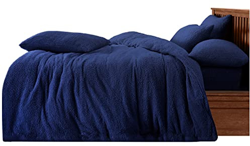 GC GAVENO CAVAILIA Fluffy Teddy Fleece Duvet Cover Set King Size Cuddly Soft Bedding with Matching Pillowcases | Warm Comfortable Fluffy Quilt Cover Bed Set Perfect for Winter Season, Navy